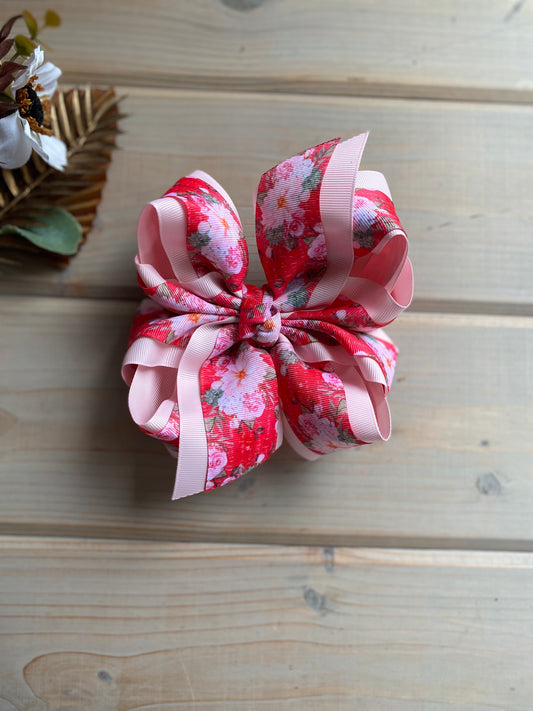 RTS XL ELLIE Pink Floral Overlay Hair Bow - LilaReneeCreations