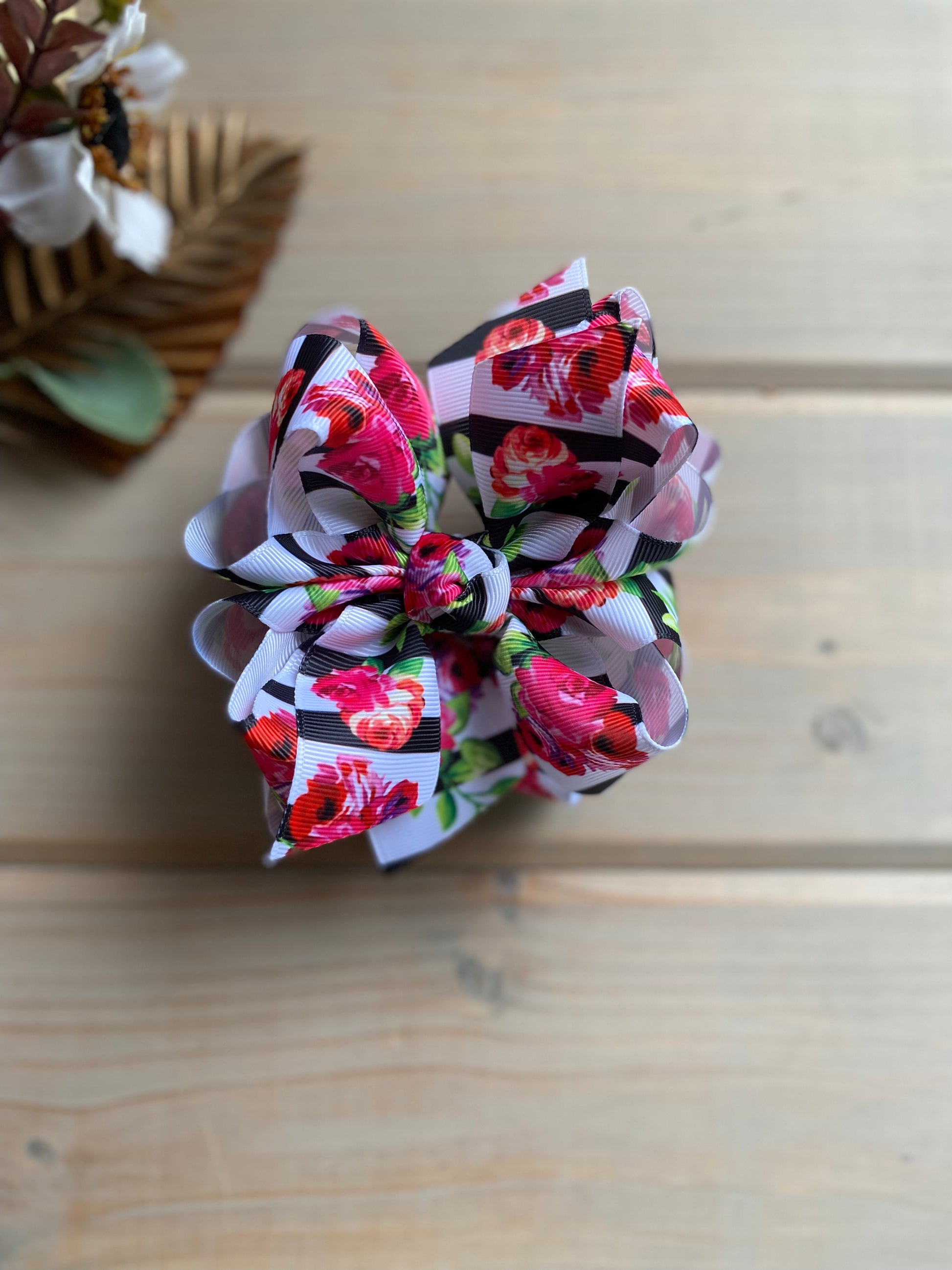 RTS Floral Stripes L&E Hair Bow - LilaReneeCreations