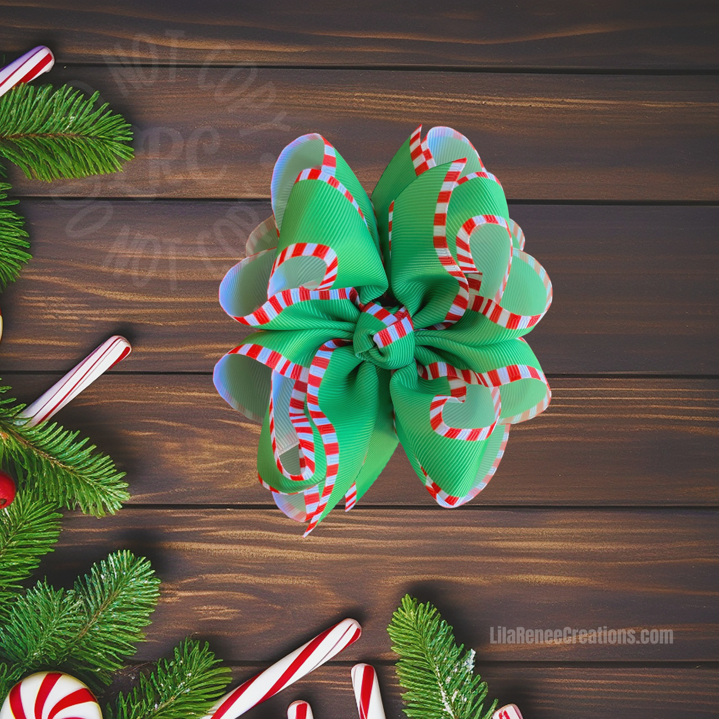 RTS Red/White Stripes on Green Hair Bow