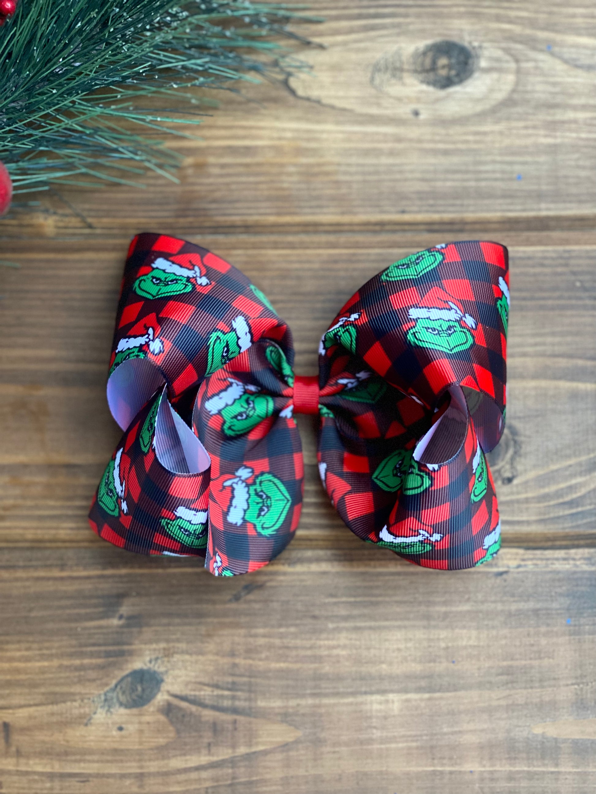 Green Guy Red Buffalo Check XL boutique Hair Bows - LilaReneeCreations