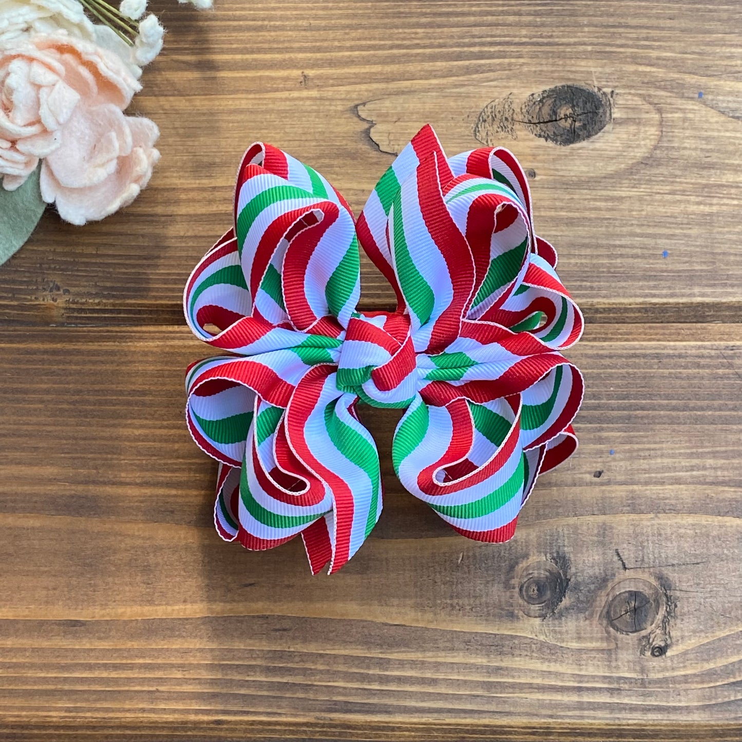 Red/Green Taffy Stripe Hair Bows - LilaReneeCreations