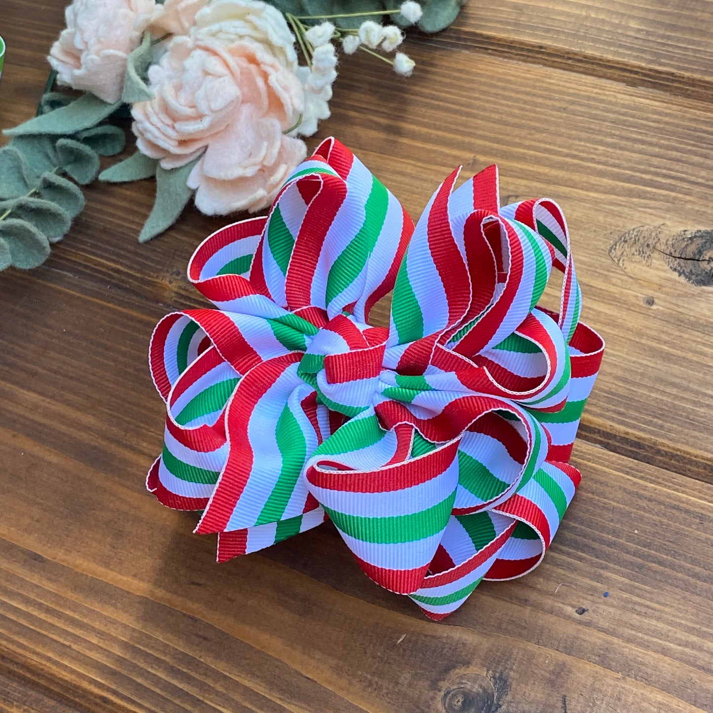 Red/Green Taffy Stripe Hair Bows - LilaReneeCreations