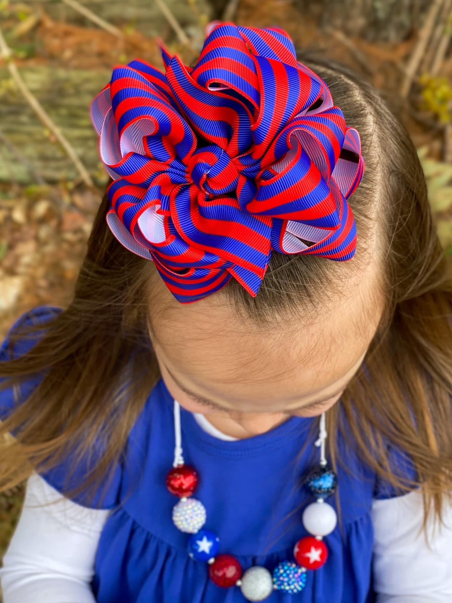 Red & Blue Stripes Hair Bows - LilaReneeCreations