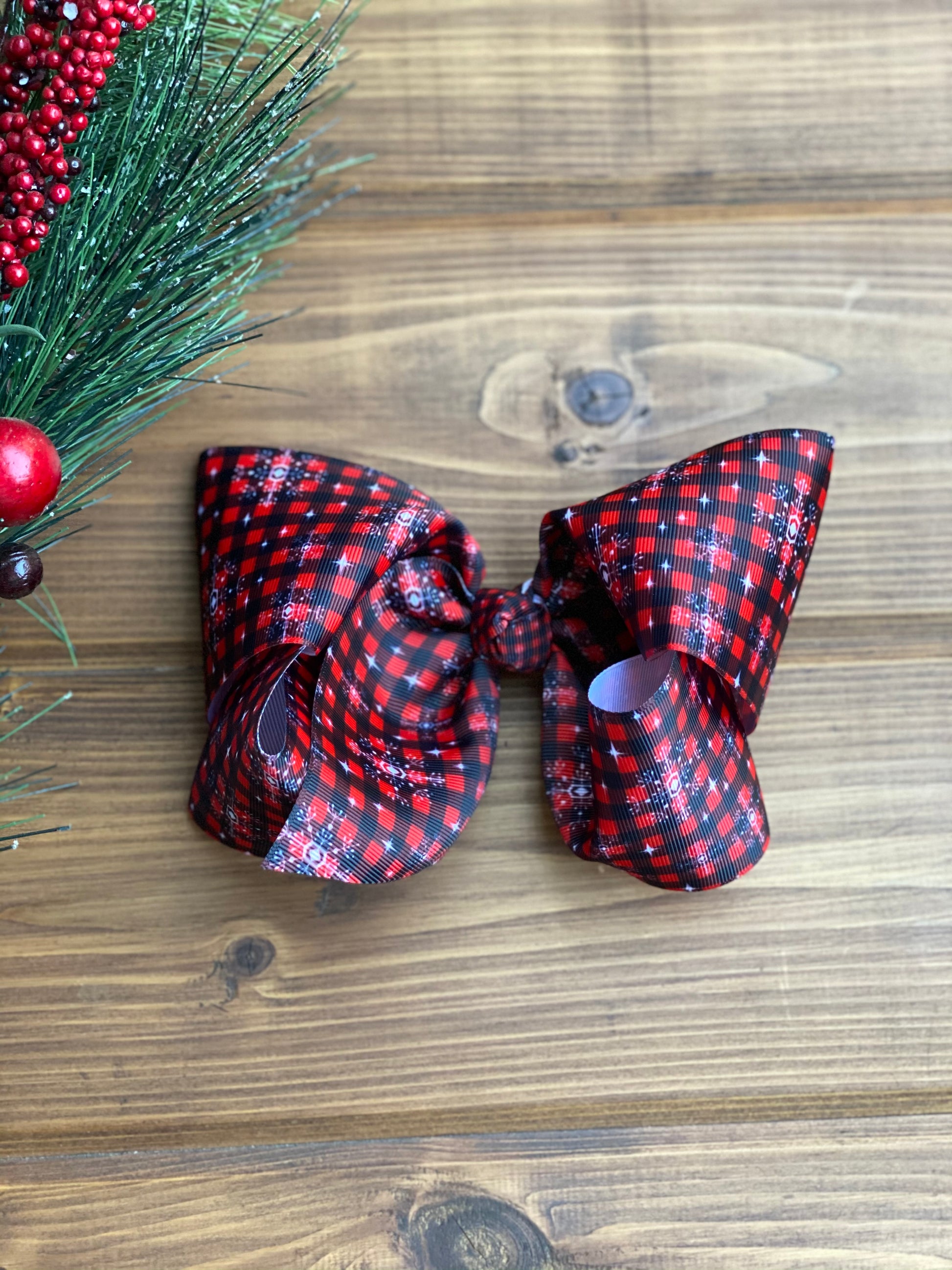 Red Snowflake Plaid XL Boutique Hair Bows - LilaReneeCreations