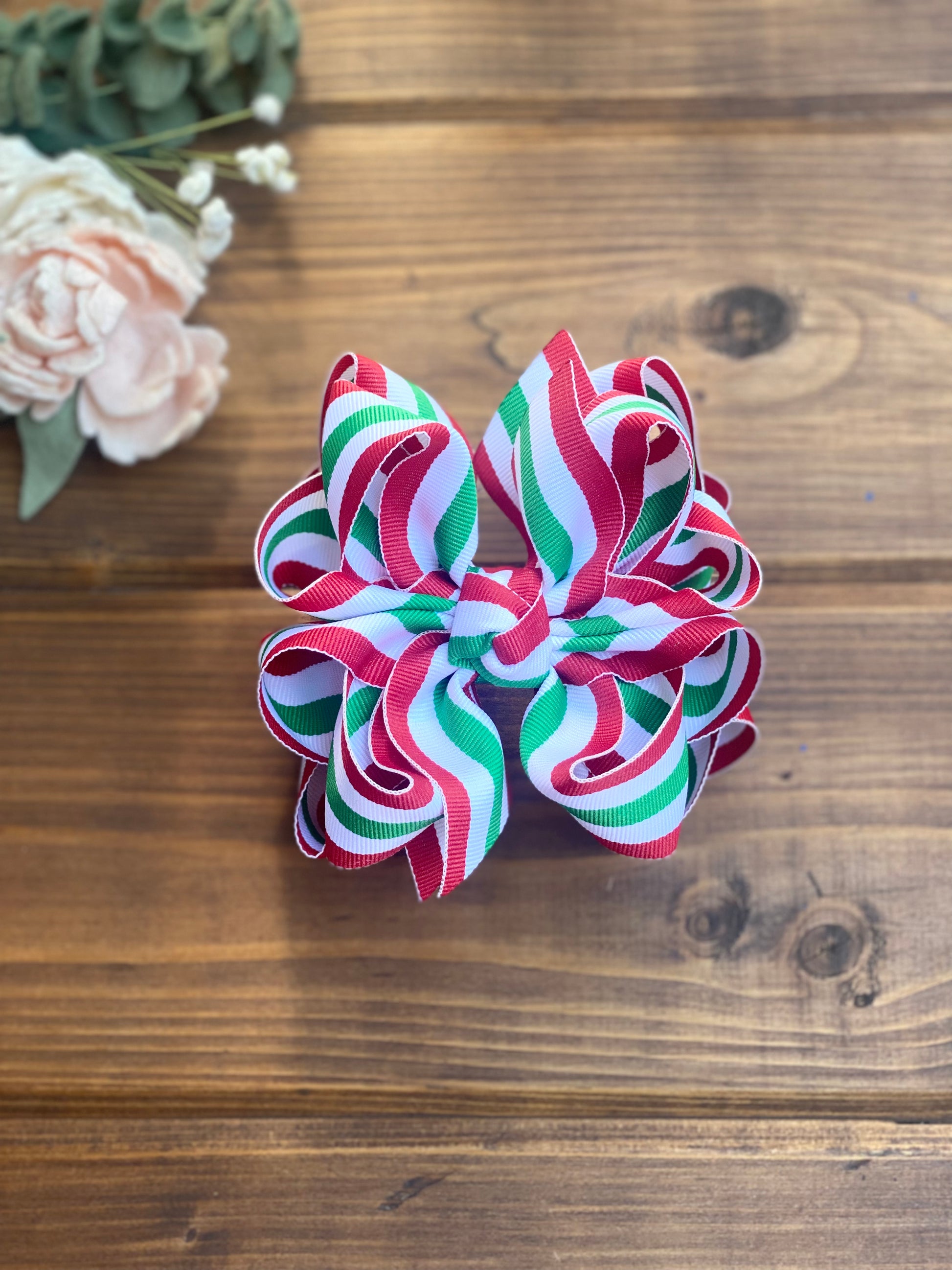 Red/Green Taffy Stripe Hair Bows - LilaReneeCreations