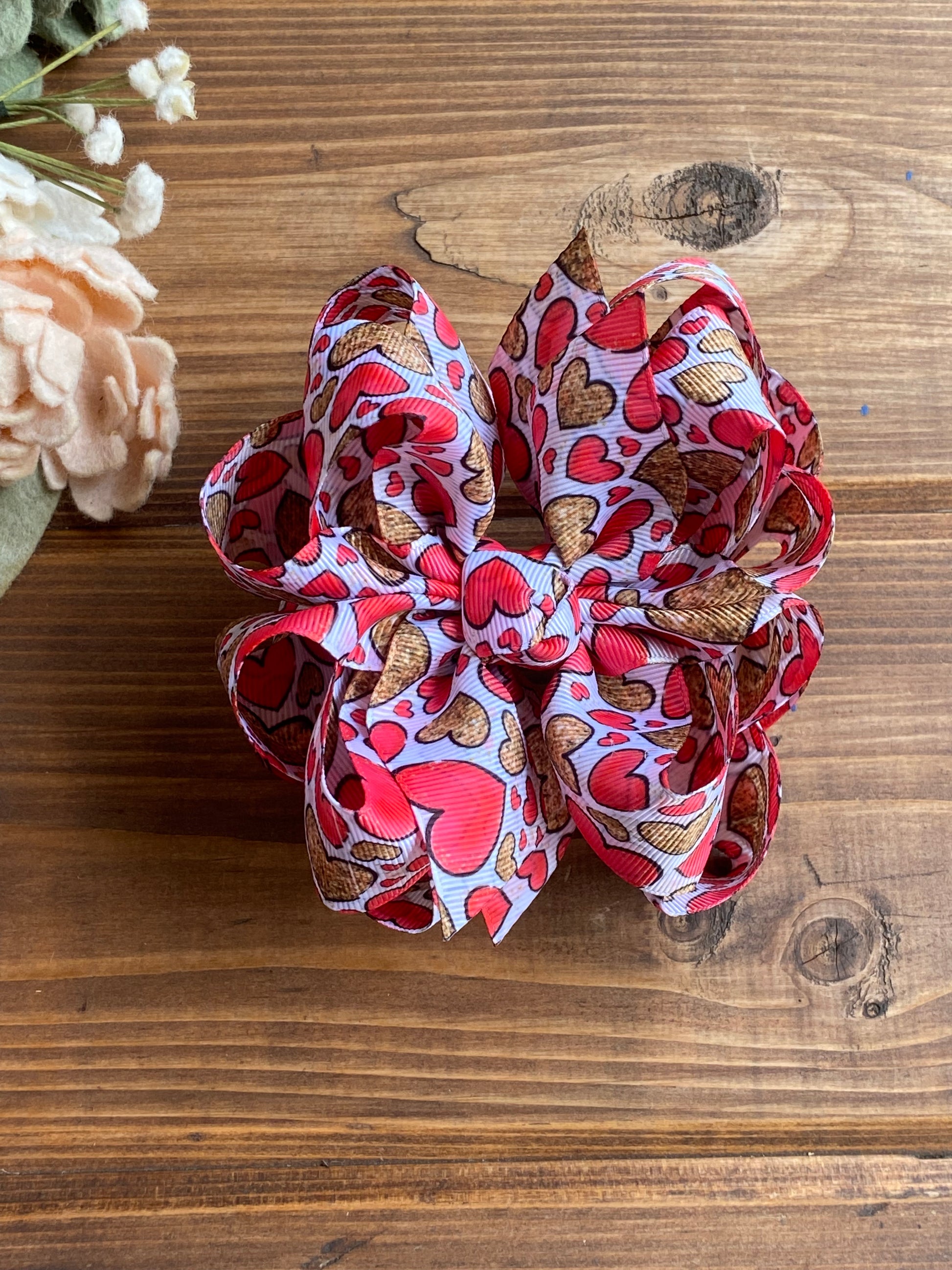 RTS Red & gold hearts Hair Bow - LilaReneeCreations