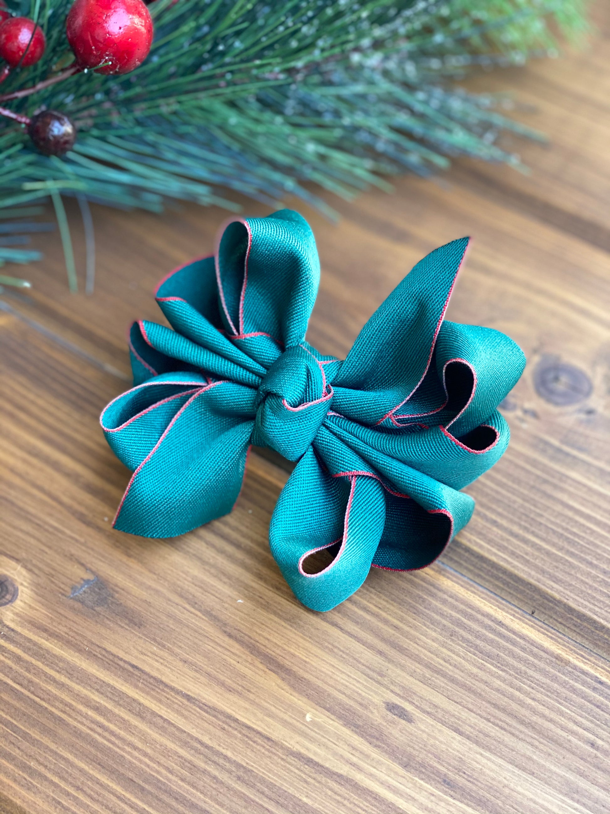 Green w/ Red Twill Hair Bows - LilaReneeCreations